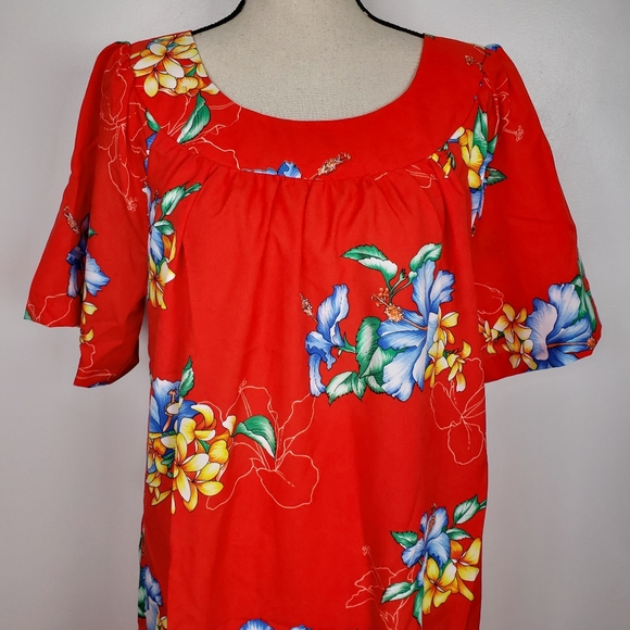 Vintage Hawaiian Red Mumu Floral Short Sleeve Maxi Dress M - Picture 11 of 16